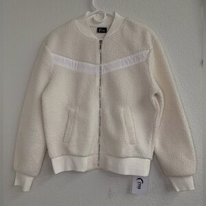 ZYIA Active White Flying V Sherpa Fleece Zip Bomber Jacket Size S NWT